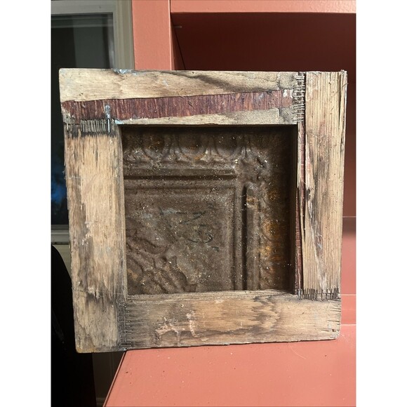 Antique Blue Ceiling Metal Tin Tile Vtg Wood Backing Cottagecore 12” X 12” - Picture 2 of 2